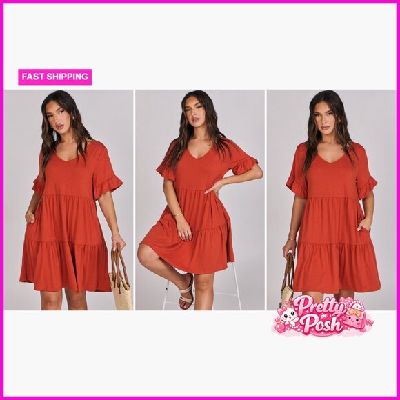 V Neck Ruffle Sleeve A Line Tiered Mini Dress with Pockets - Picture 7 of 7